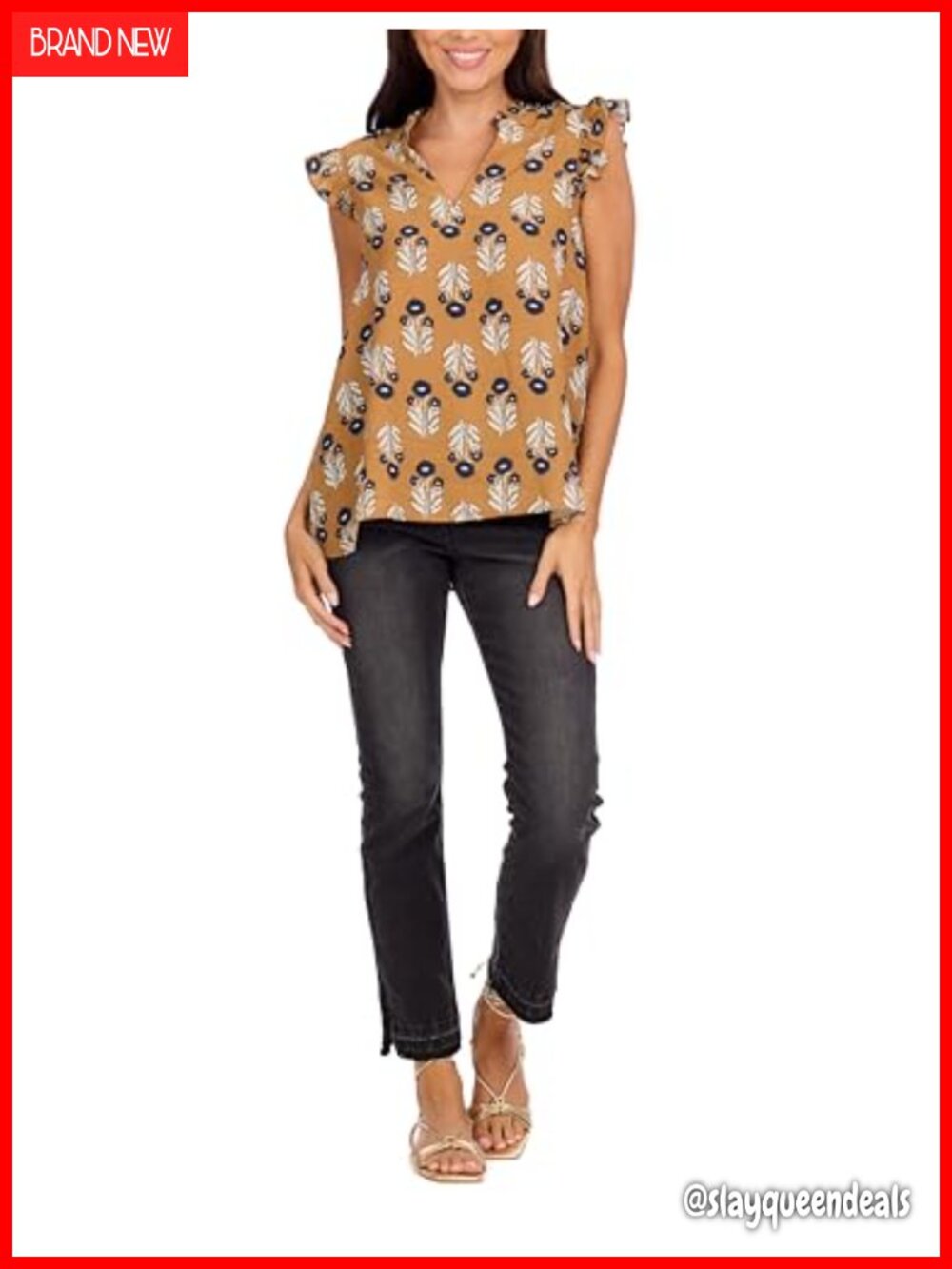 Mud Pie Marlo Printed Top Flutter Sleeve V-Neck Ruffle Collar Blouse